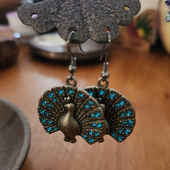 Vintage Teal Rhinestone Peacock Pierced Earrings - Picture 2 of 4